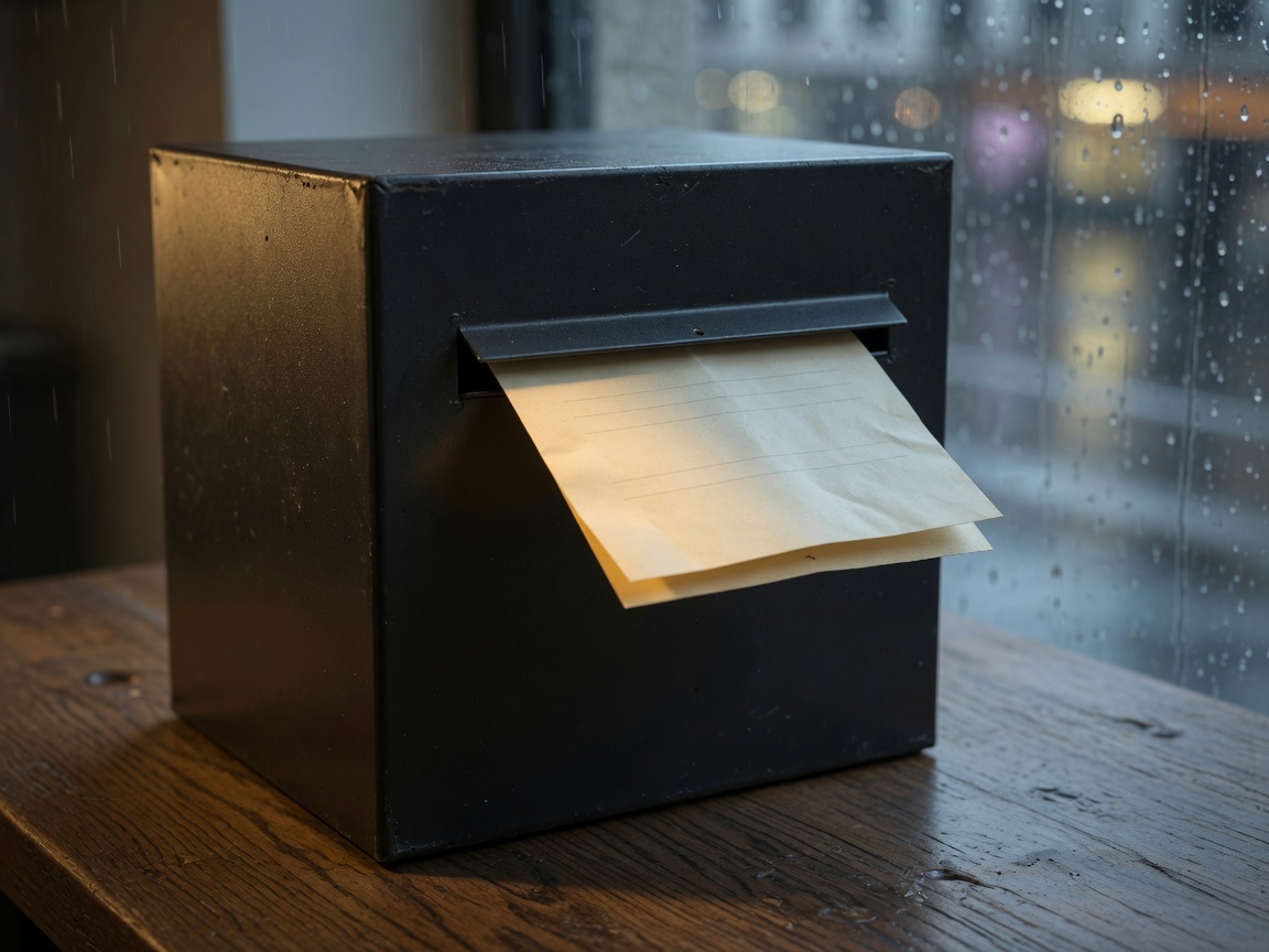 Caixa de metal com fenda, como urna de pautas sobre uma mesa.