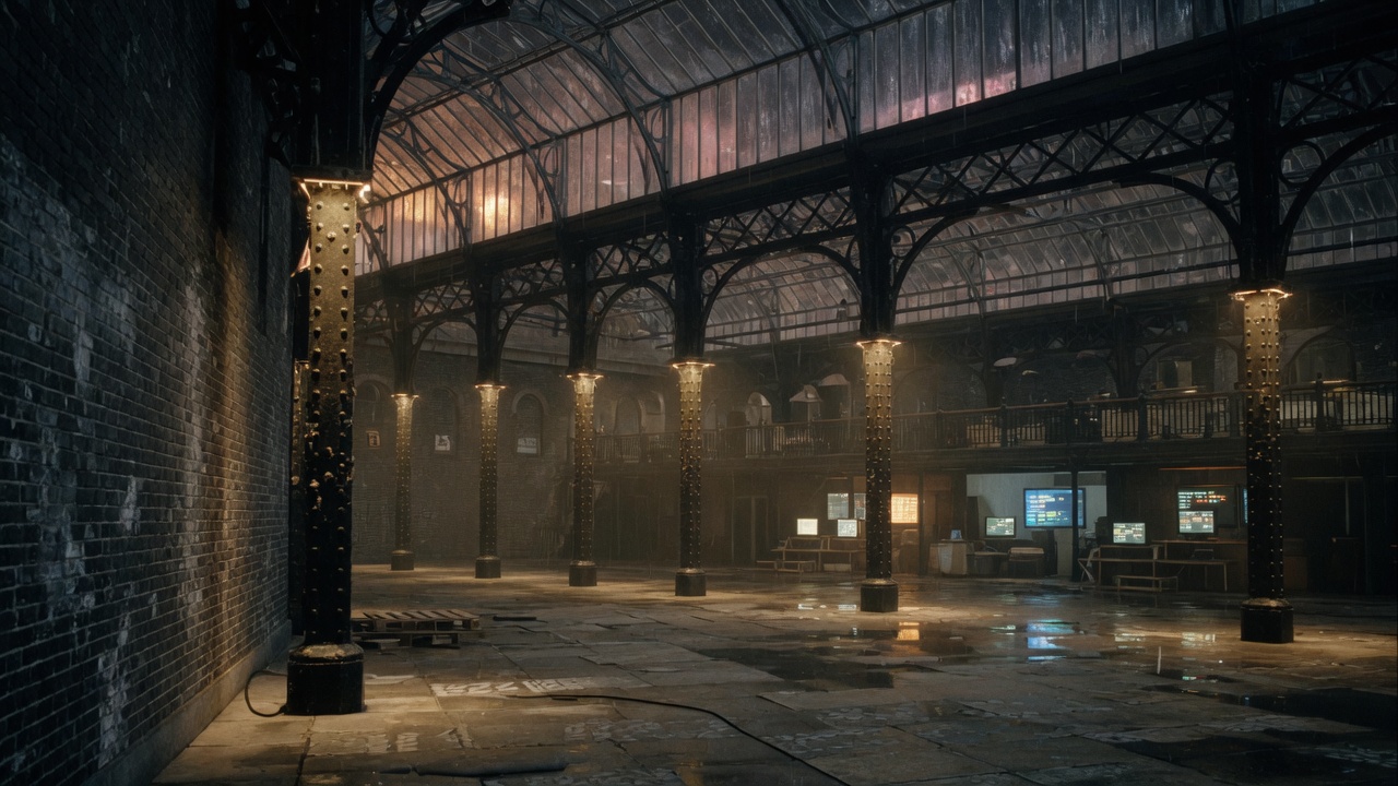 Interior do Old Billingsgate, o antigo mercado de peixe de ferro e vidro à beira do Tâmisa, à noite.